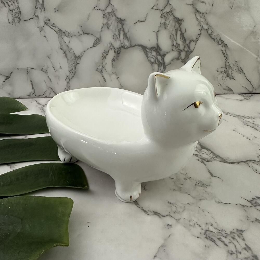 Pier 1 Vintage y2k Ceramic Cat Soap Dish White Gold Trinket Ring Bathroom Decor